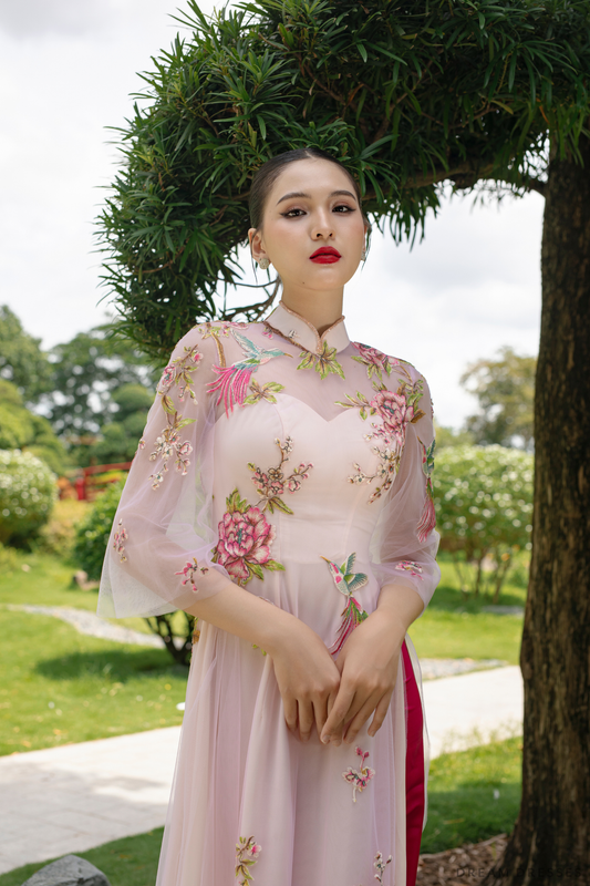 Pink Modern Bridal Ao Dai | Traditional Vietnamese Bridal Dress with Couture Lace (#THALIA) - Dream Dresses by P.M.N.