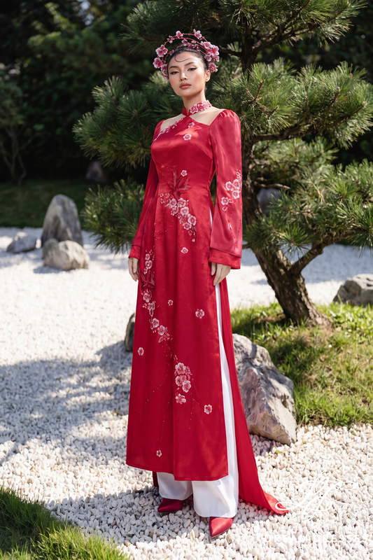 Red Modern Bridal Ao Dai (#NINH) - Dream Dresses by P.M.N.