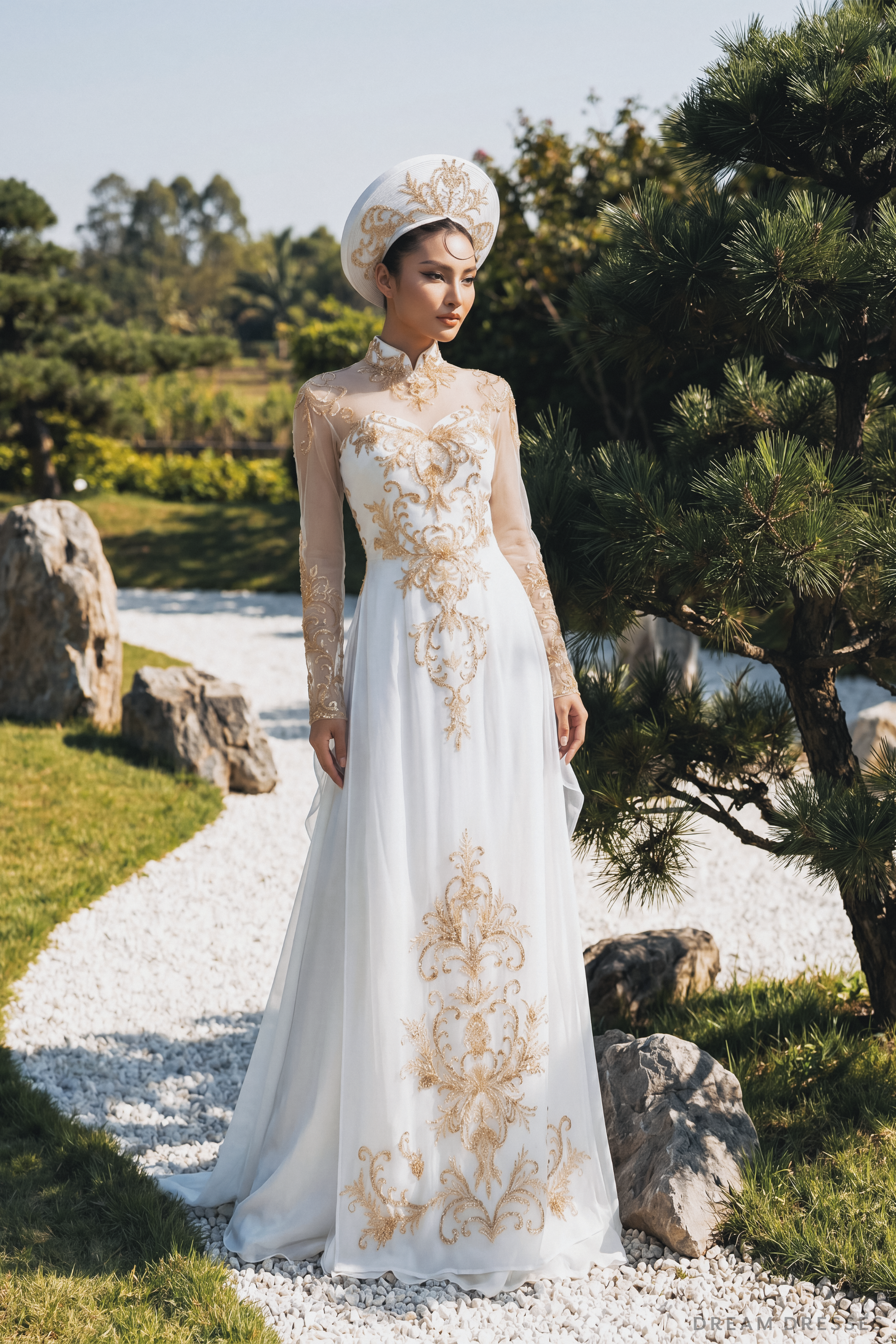 White Bridal Ao Dai | Vietnamese Traditional Bridal Dress with Gold Lace (#IMPERIAL)