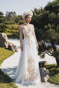 White Bridal Ao Dai | Vietnamese Traditional Bridal Dress with Gold Lace (#IMPERIAL) - Dream Dresses by P.M.N.