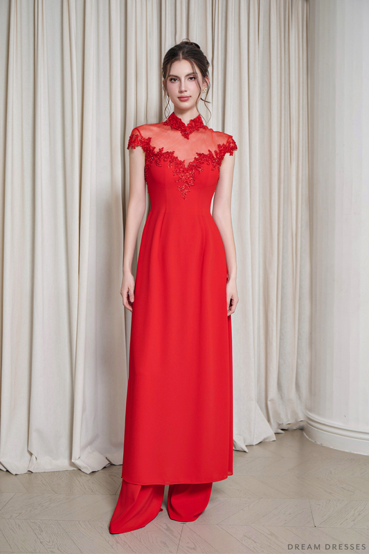Red Bridal Ao Dai | Short Sleeves Vietnamese Bridal Dress (#ZOE) - Dream Dresses by P.M.N.