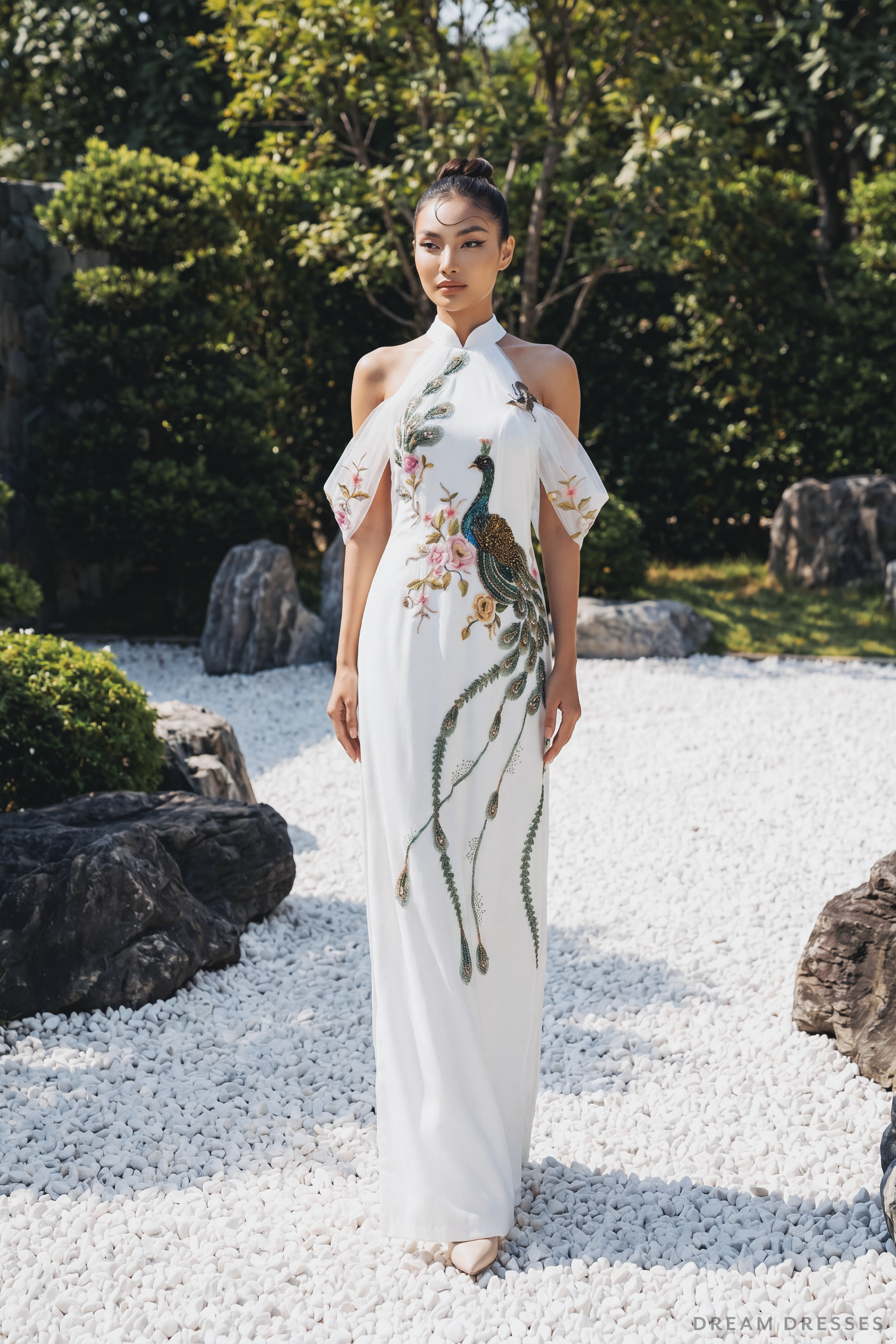 White Bridal Ao Dai with Peacock Embellishments | Modern Vietnamese Bridal Dress (#AILA)