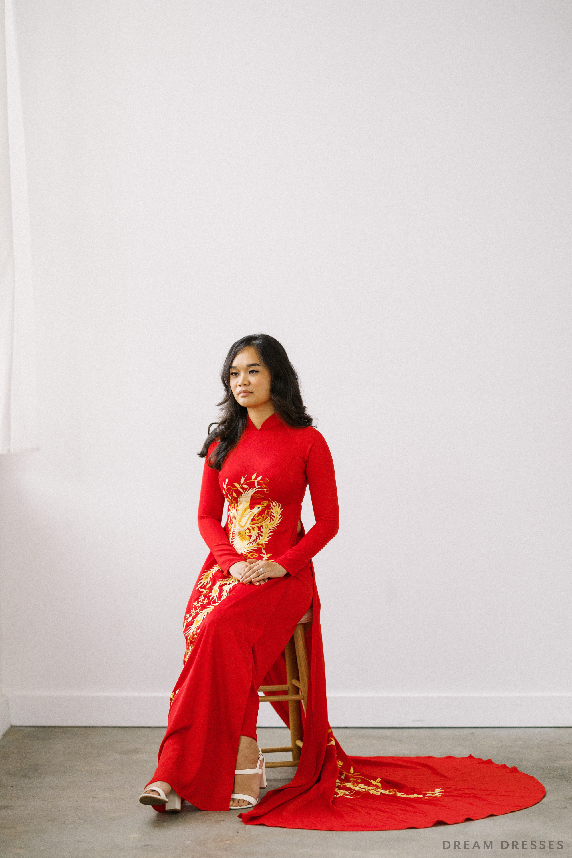 Red Bridal Ao Dai | Vietnamese Traditional Bridal Dress with Phoenix Embroidery (#PING)