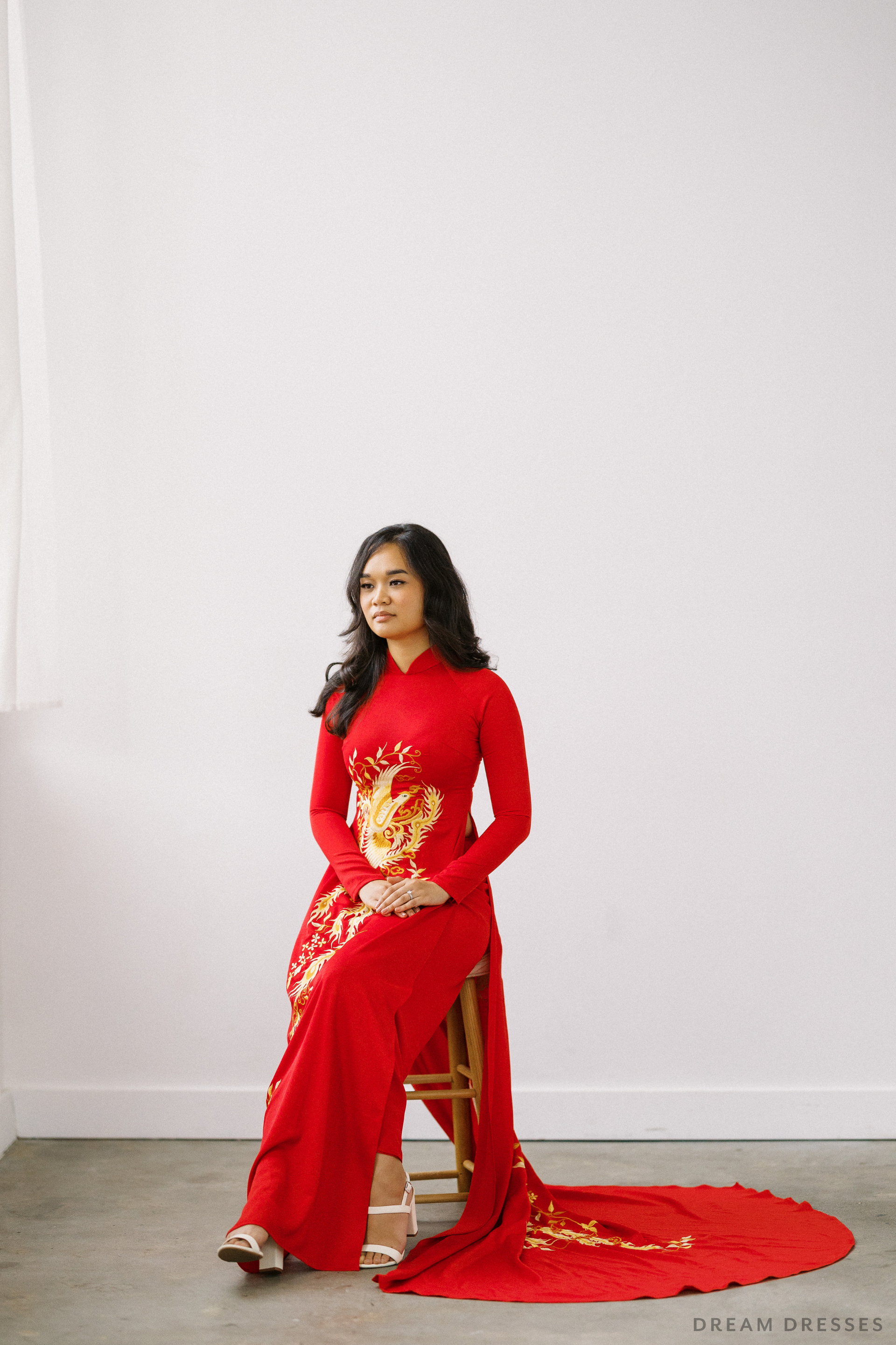 Red Bridal Ao Dai | Vietnamese Traditional Bridal Dress with Phoenix Embroidery (#PING) - Dream Dresses by P.M.N.