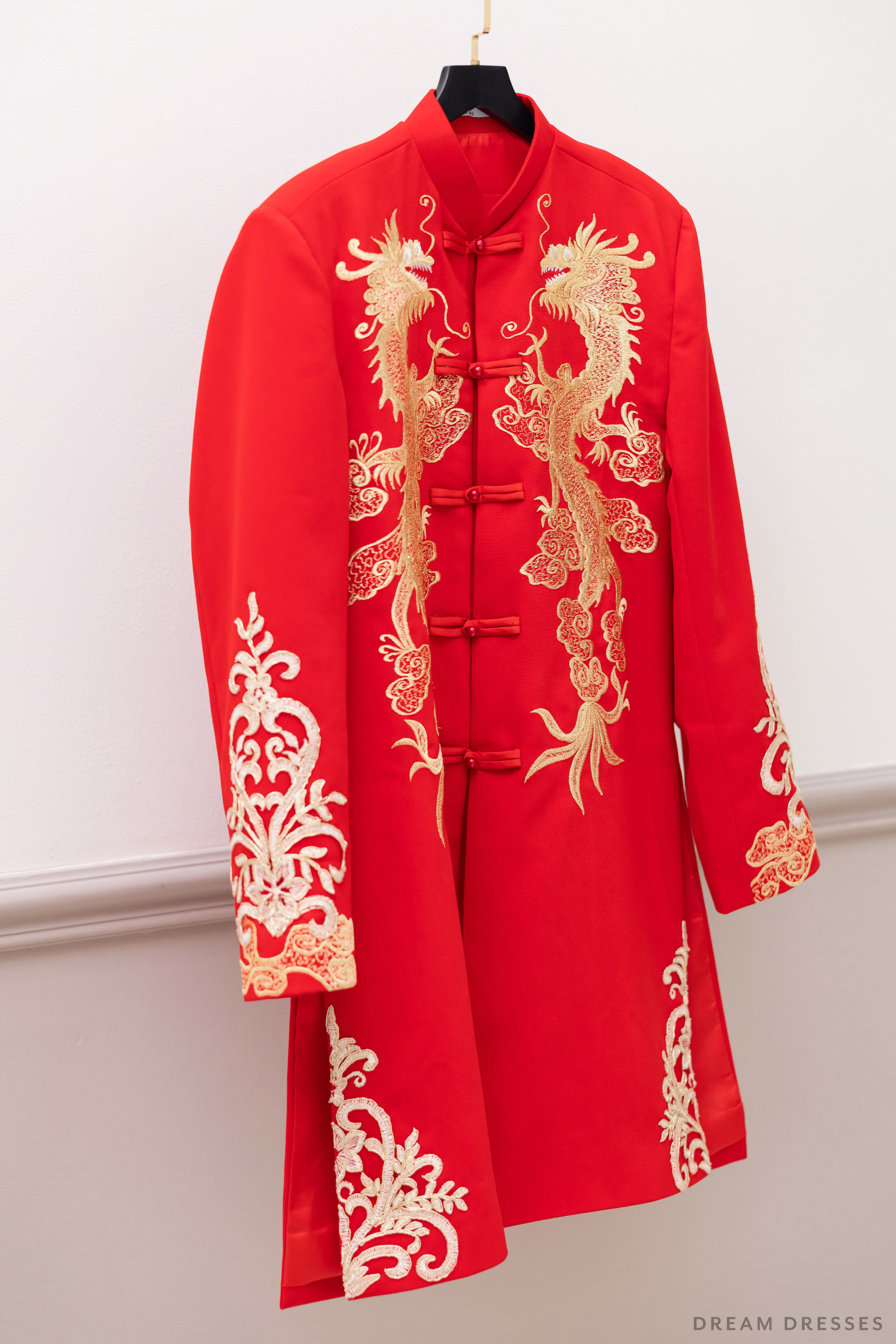 Red and Gold Groom Jacket with Dragon Embroidery| Red Chinese Tang Suit (#Khang)