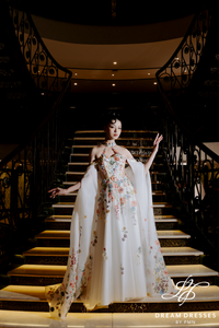 Light Ivory Wedding Dress with High Fashion Cape (#MEILAN)