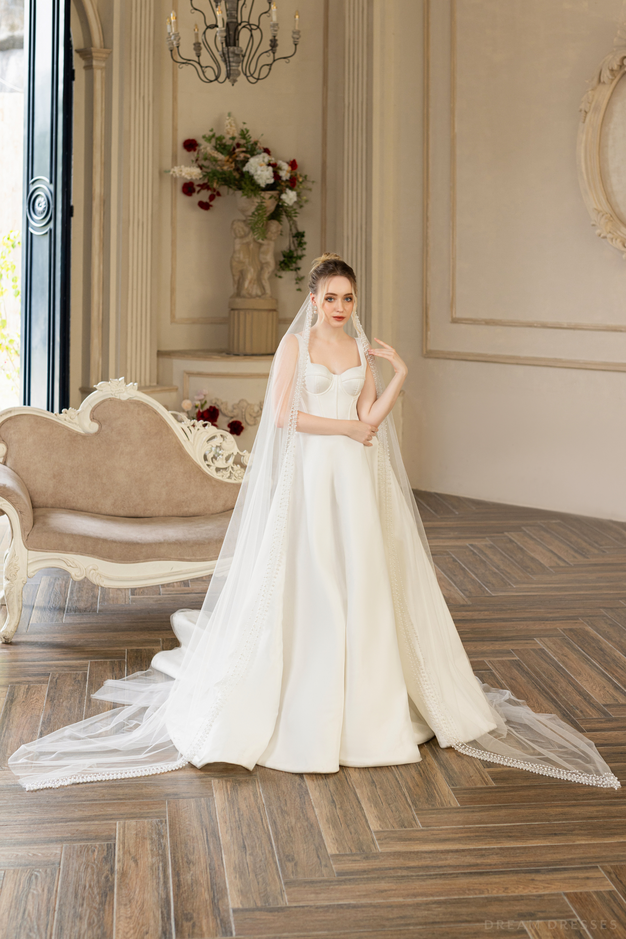 DreamDress By PMN Queen Wedding Veil Light Silk Tulle With Pearls | Size: Chapel DreamDress By PMN Queen Wedding Veil Light Silk Tulle With Pearls | Size: Chapel