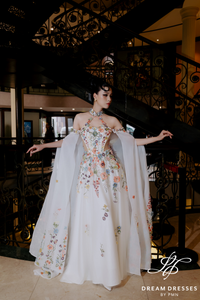 Light Ivory Wedding Dress with High Fashion Cape (#MEILAN)