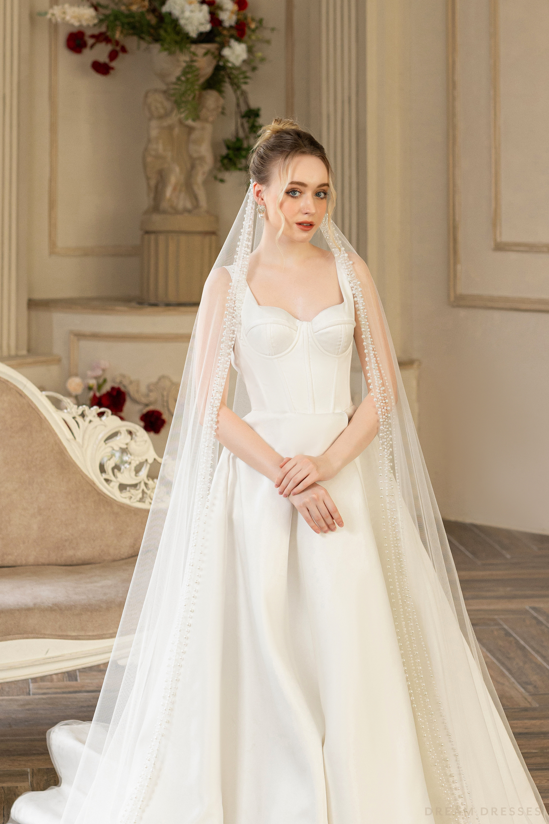 Cathedral Wedding Veil with Pearls (#QUEEN) - Dream Dresses by P.M.N.