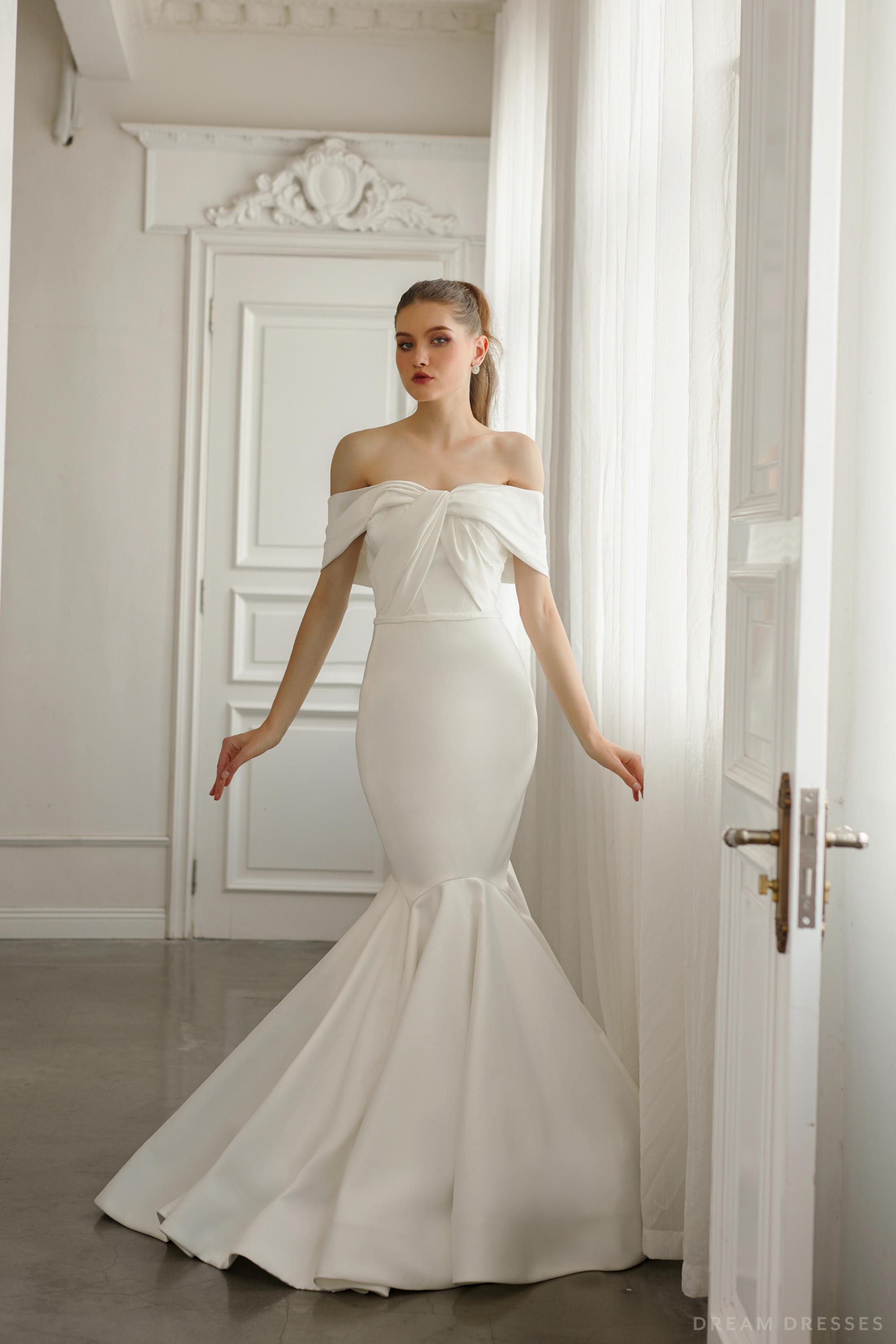 DreamDress By PMN Trumpet Wedding Dress Gown Plunging Boning Structure Bodice Off Shoulder Sleeves Chapel Train DreamDress By PMN Trumpet Wedding Dress Gown Plunging Boning Structure Bodice Off Shoulder Sleeves Chapel Train
