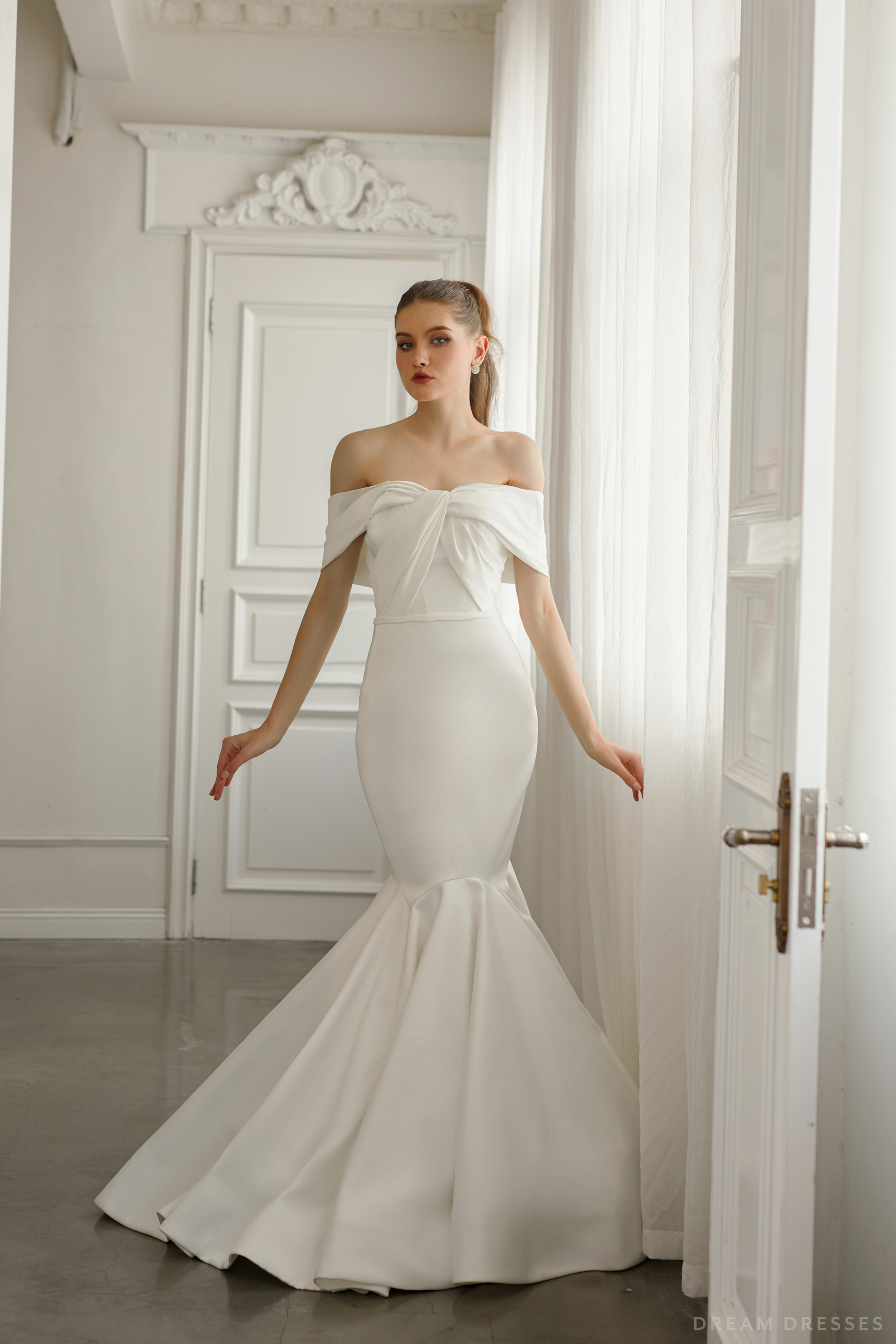 DreamDress By PMN Trumpet Wedding Dress Gown Plunging Boning Structure Bodice Off Shoulder Sleeves Chapel Train