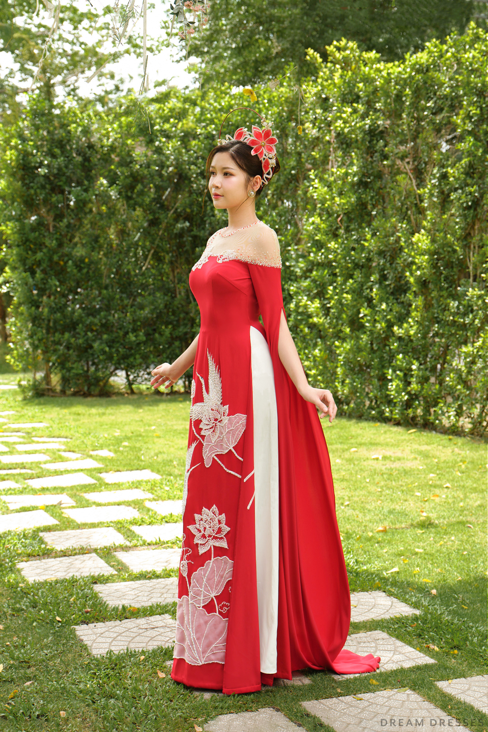 DreamDress By PMN Clarissa Ao Dai Inspired Red Wedding Dress Gown Illusion Off Shoulder Handmade Lotus Birds Embellishments White Pants | Size: 18 DreamDress By PMN Clarissa Ao Dai Inspired Red Wedding Dress Gown Illusion Off Shoulder Handmade Lotus Birds Embellishments White Pants | Size: 18
