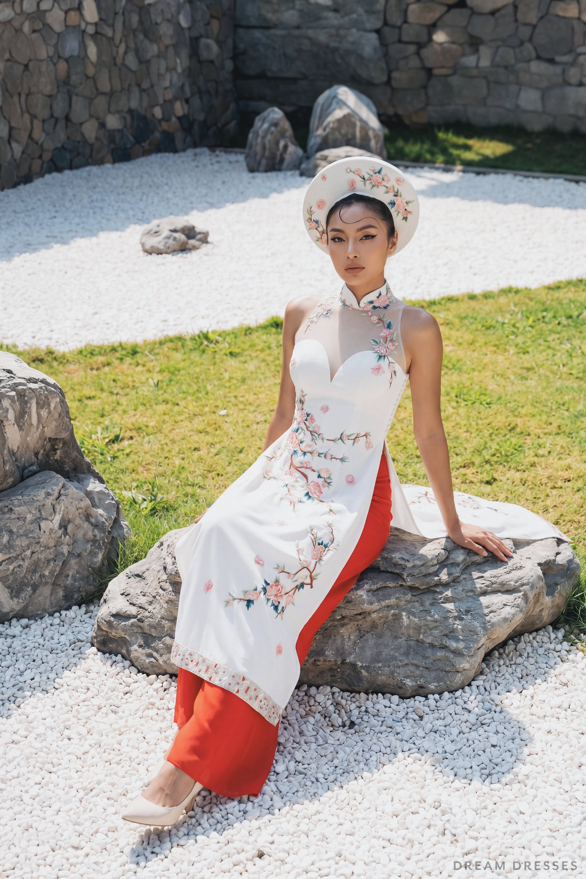 Cheongsam-Inspired Ao Dai | Ivory Silk Ao Dai with Embroidery (#YUE) - Dream Dresses by P.M.N.