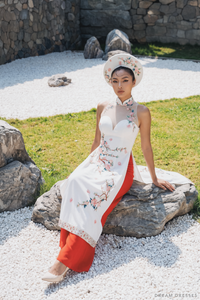 Cheongsam-Inspired Ao Dai | Ivory Silk Ao Dai with Embroidery (#YUE) - Dream Dresses by P.M.N.