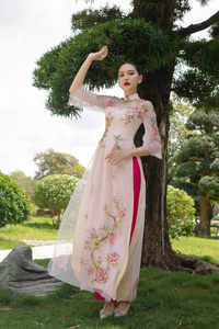 Pink Modern Bridal Ao Dai | Traditional Vietnamese Bridal Dress with Couture Lace (#THALIA) - Dream Dresses by P.M.N.