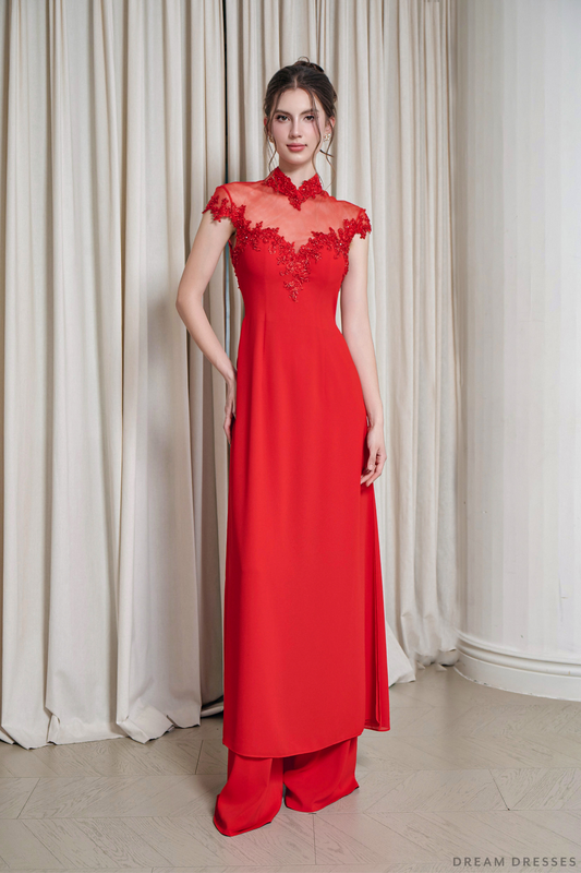 Red Bridal Ao Dai | Short Sleeves Vietnamese Bridal Dress (#ZOE) - Dream Dresses by P.M.N.
