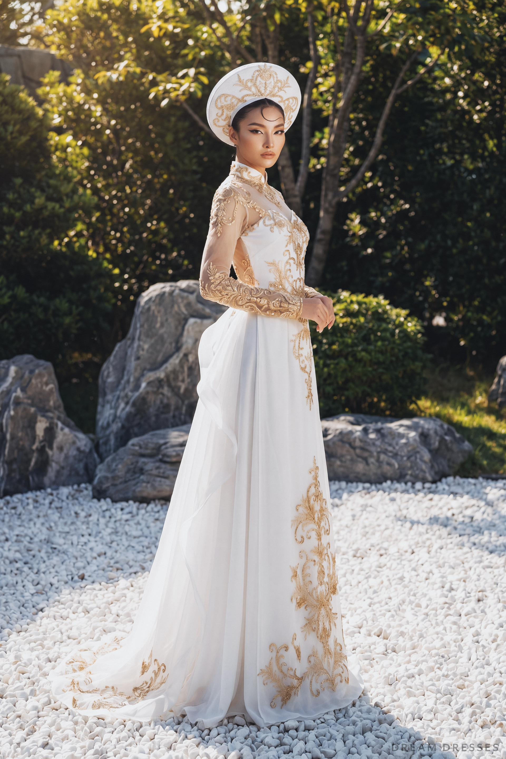 White Bridal Ao Dai | Vietnamese Traditional Bridal Dress with Gold Lace (#IMPERIAL) - Dream Dresses by P.M.N.