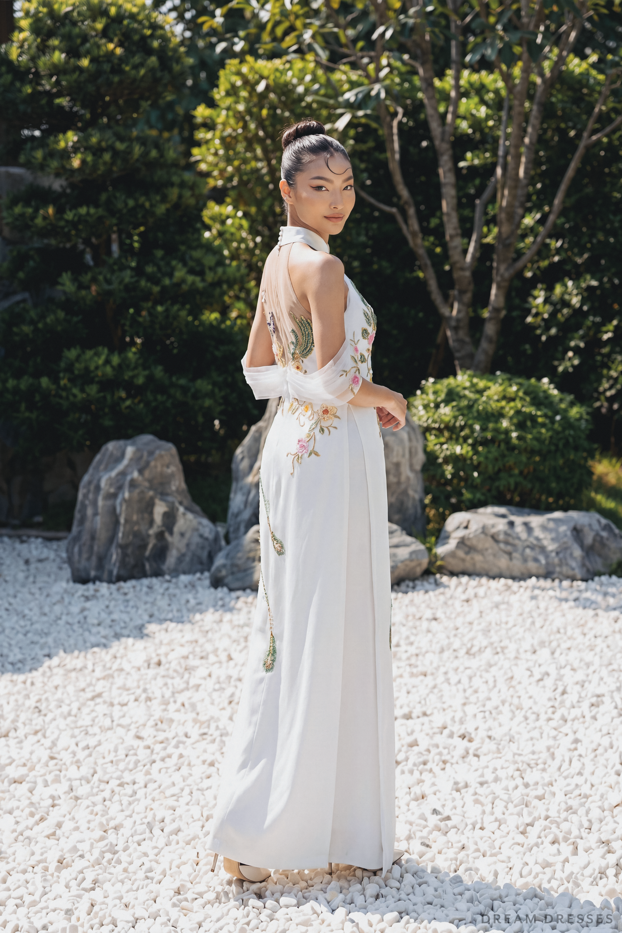White Bridal Ao Dai with Peacock Embellishments | Modern Vietnamese Bridal Dress (#AILA)