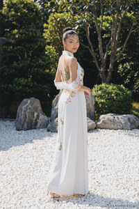 White Bridal Ao Dai with Peacock Embellishments | Modern Vietnamese Bridal Dress (#AILA) - Dream Dresses by P.M.N.