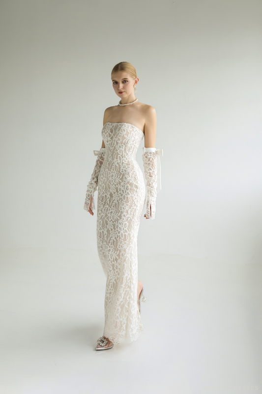 Strapless Lace Wedding Dress with Detachable Sleeves (#MERITA) - Dream Dresses by P.M.N.