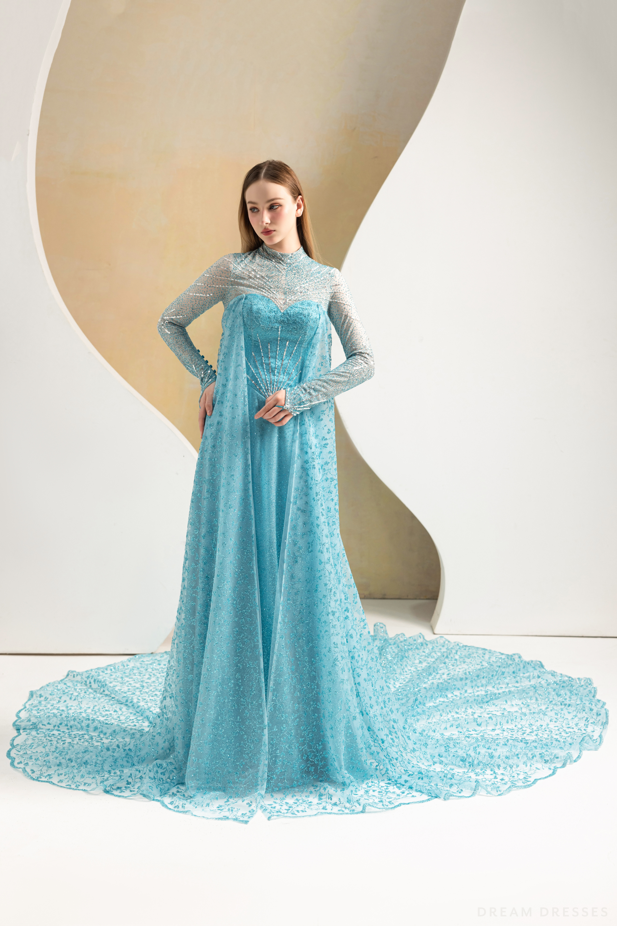 DreamDress By PMN Elsa Frozen Inspired Wedding Dress Gown High Neckline Sparkling Bodice Glitter Cathedral Cape | Size: 6 | No Cape DreamDress By PMN Elsa Frozen Inspired Wedding Dress Gown High Neckline Sparkling Bodice Glitter Cathedral Cape | Size: 6 | No Cape