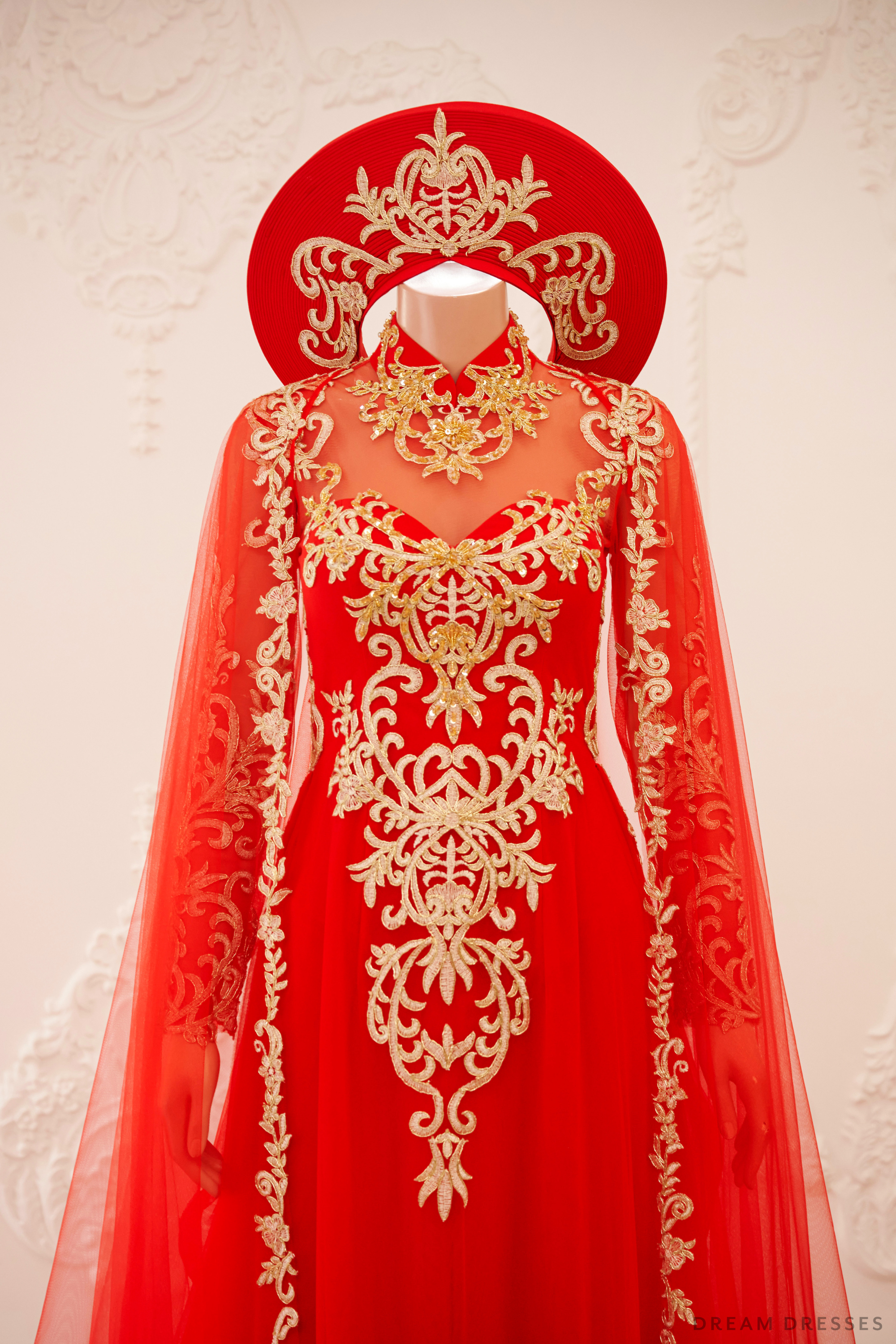 Red and Gold Ao Dai OverCoat | Traditional Vietnamese Bridal OverCoat (#TUEMINH)