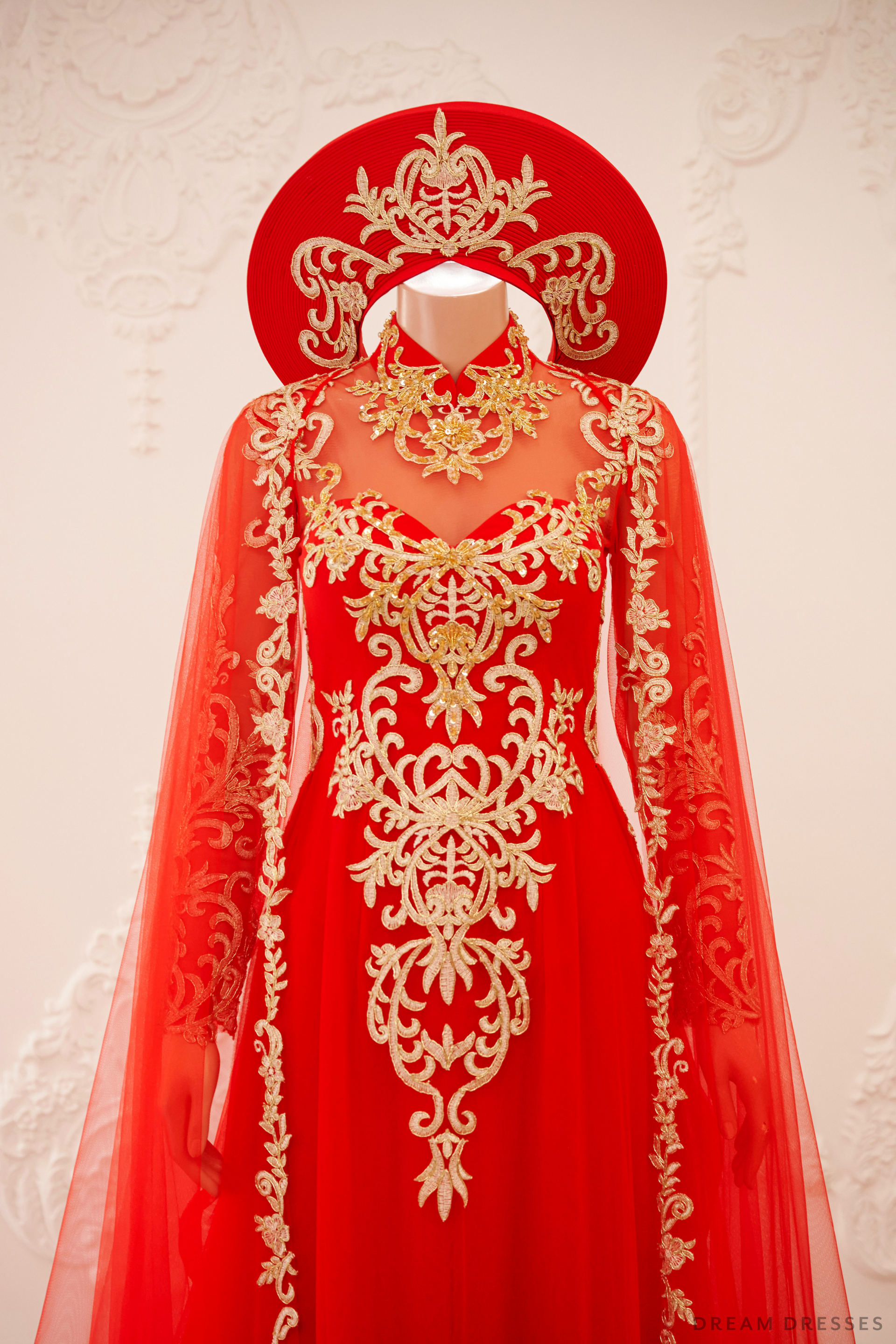 Red and Gold Ao Dai OverCoat | Traditional Vietnamese Bridal OverCoat (#TUEMINH) - Dream Dresses by P.M.N.