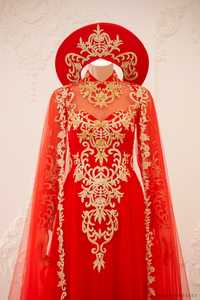 Red and Gold Ao Dai OverCoat | Traditional Vietnamese Bridal OverCoat (#TUEMINH) - Dream Dresses by P.M.N.