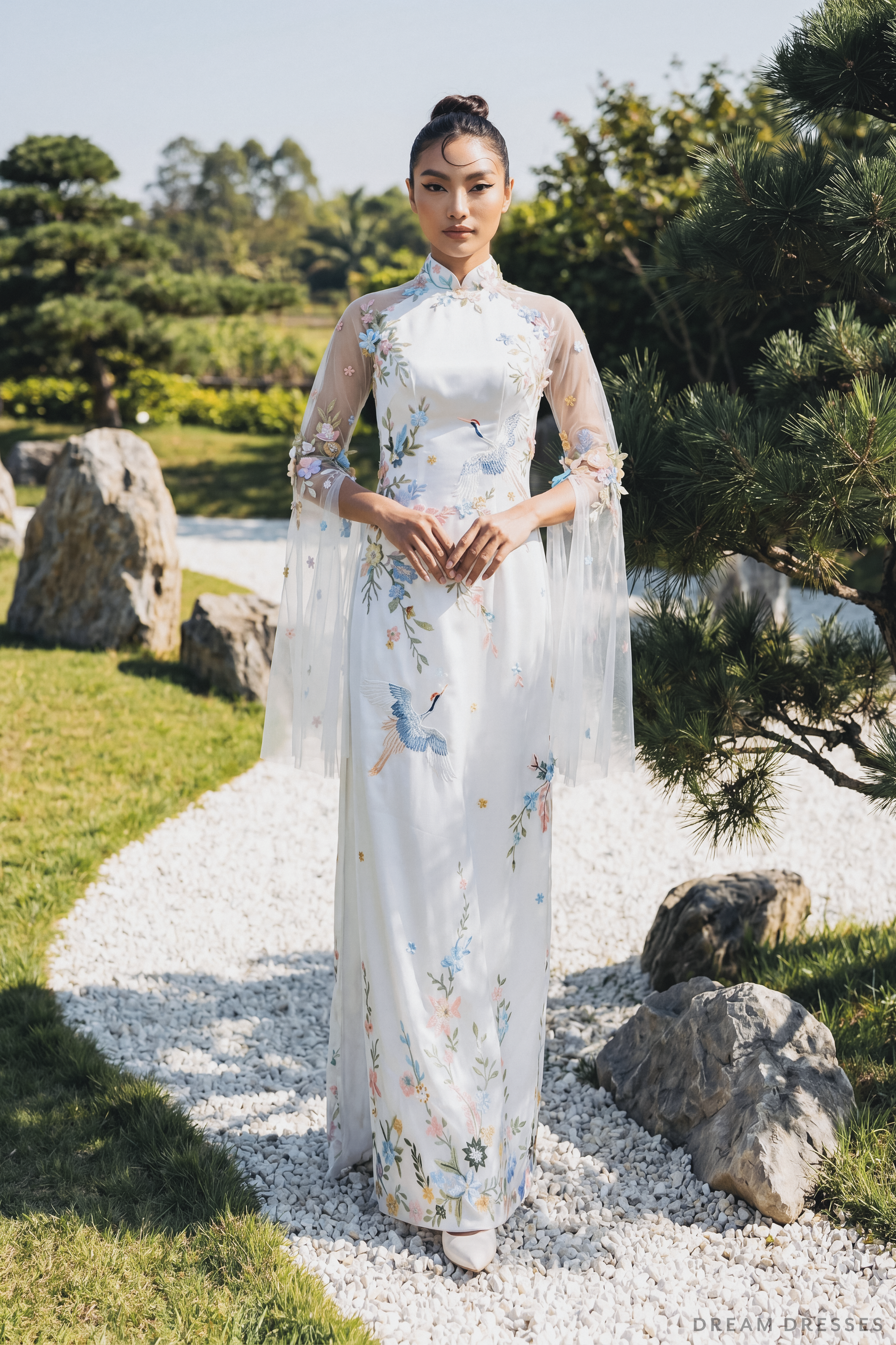White Bridal Ao Dai with Colorful Embroidery (#XUAN) - Dream Dresses by P.M.N.