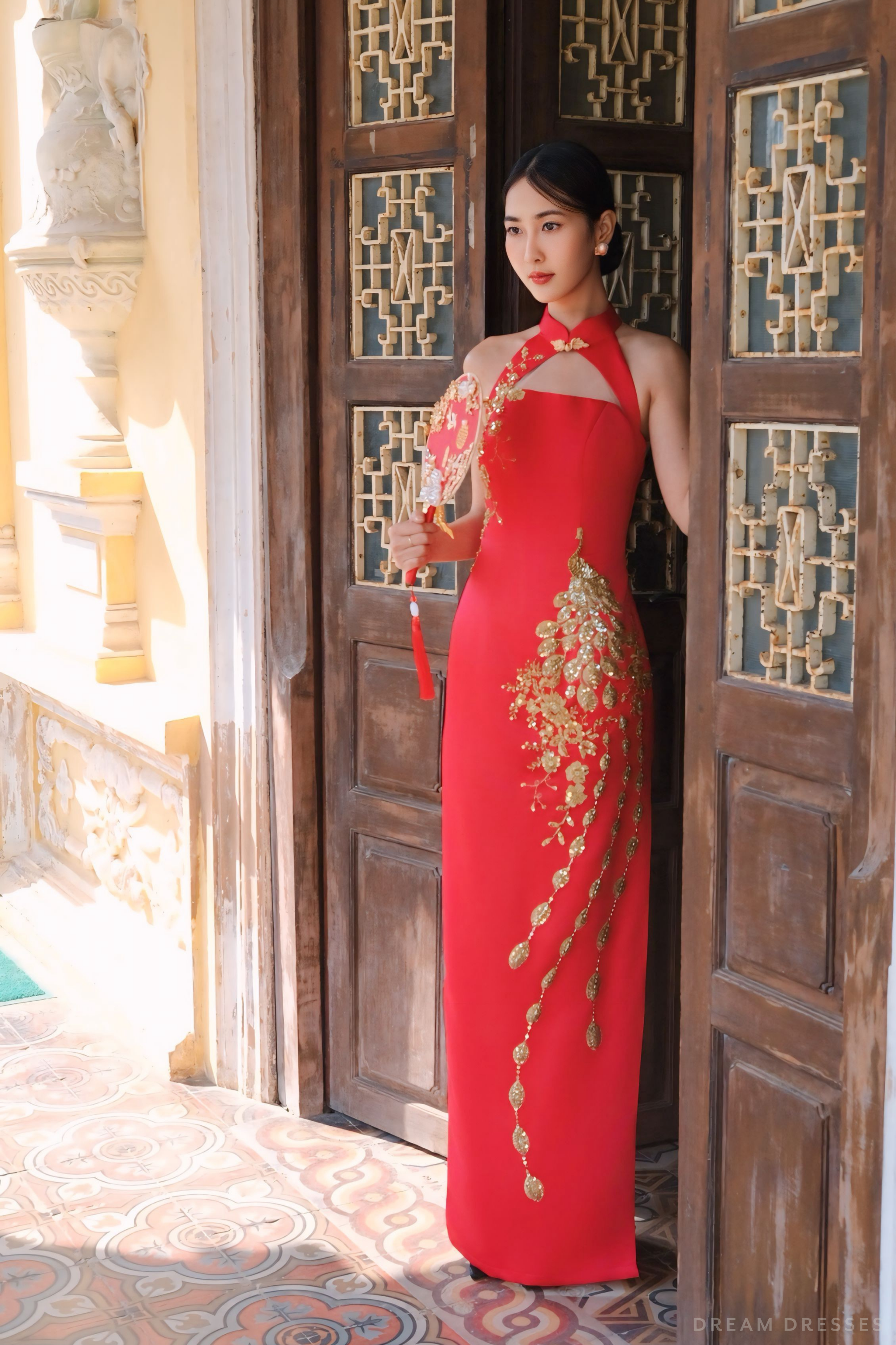 DreamDress By PMN Mae Chinese Cheongsam Inspired Wedding Dress Gown Cut-Out Neckline Illusion Back Golden Phoenix Lace Embellishments DreamDress By PMN Mae Chinese Cheongsam Inspired Wedding Dress Gown Cut-Out Neckline Illusion Back Golden Phoenix Lace Embellishments