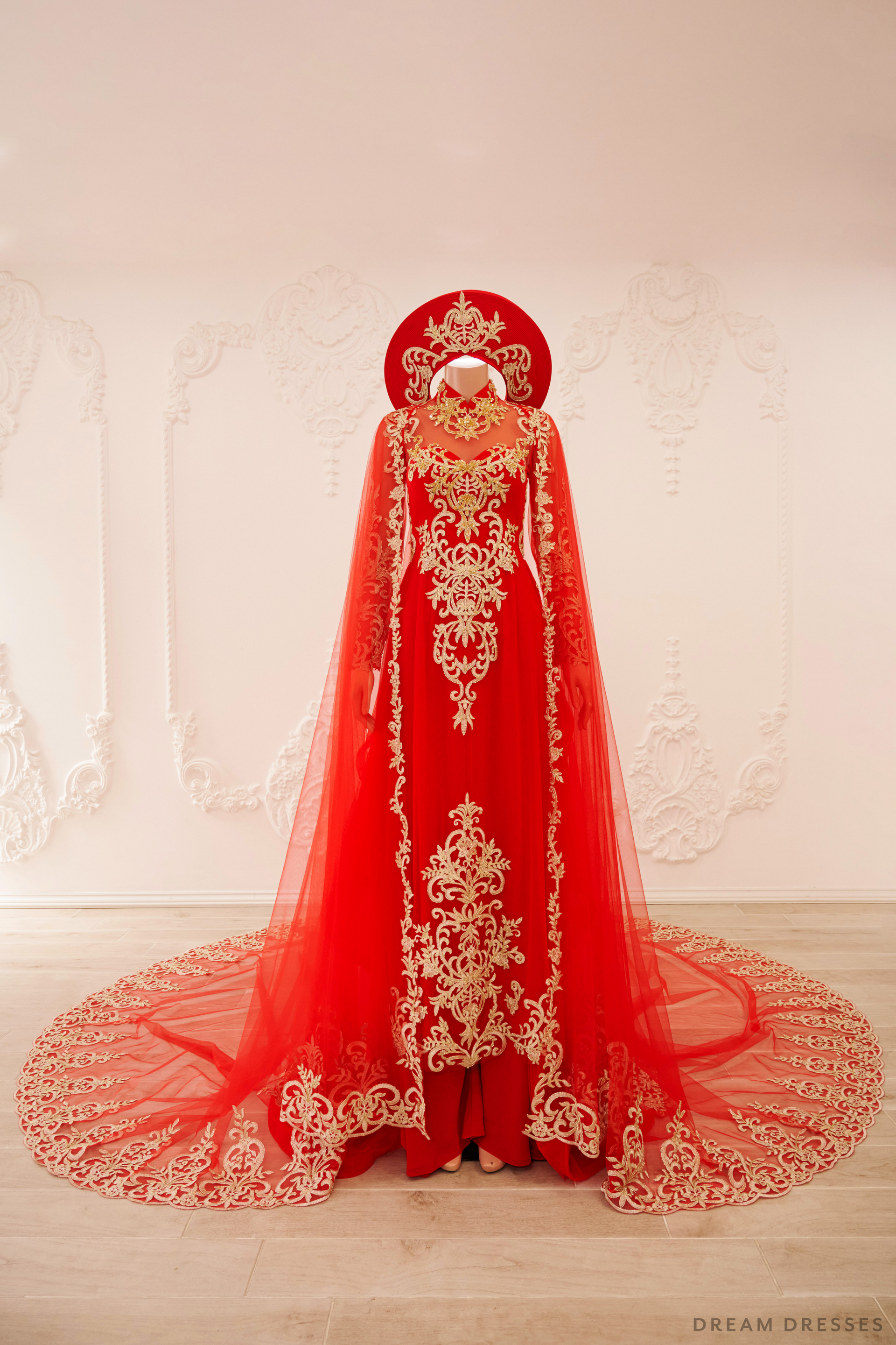 Red and Gold Ao Dai OverCoat | Traditional Vietnamese Bridal OverCoat (#TUEMINH) - Dream Dresses by P.M.N.