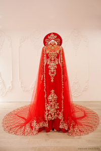 Red and Gold Ao Dai OverCoat | Traditional Vietnamese Bridal OverCoat (#TUEMINH) - Dream Dresses by P.M.N.