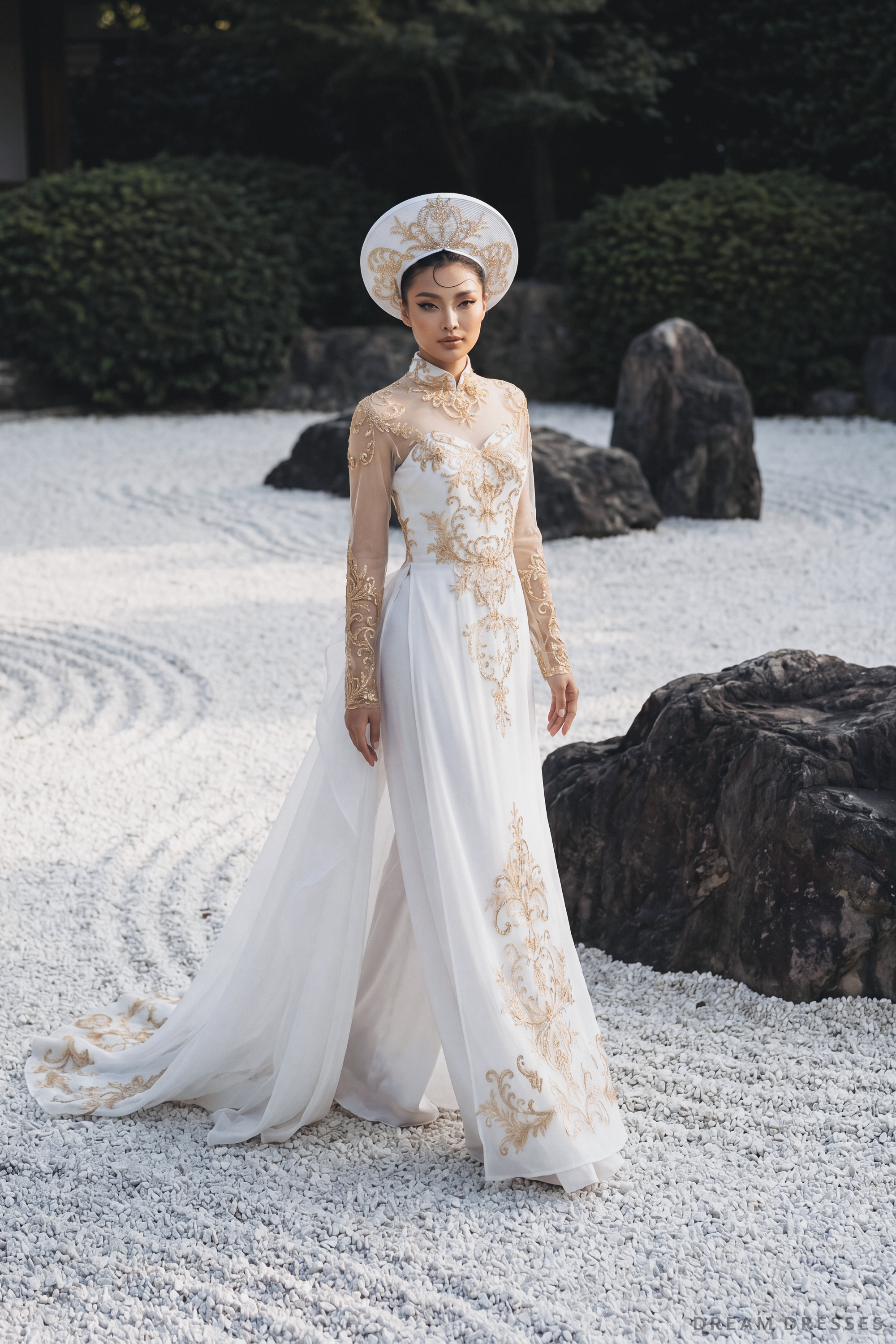 White Bridal Ao Dai | Vietnamese Traditional Bridal Dress with Gold Lace (#IMPERIAL)