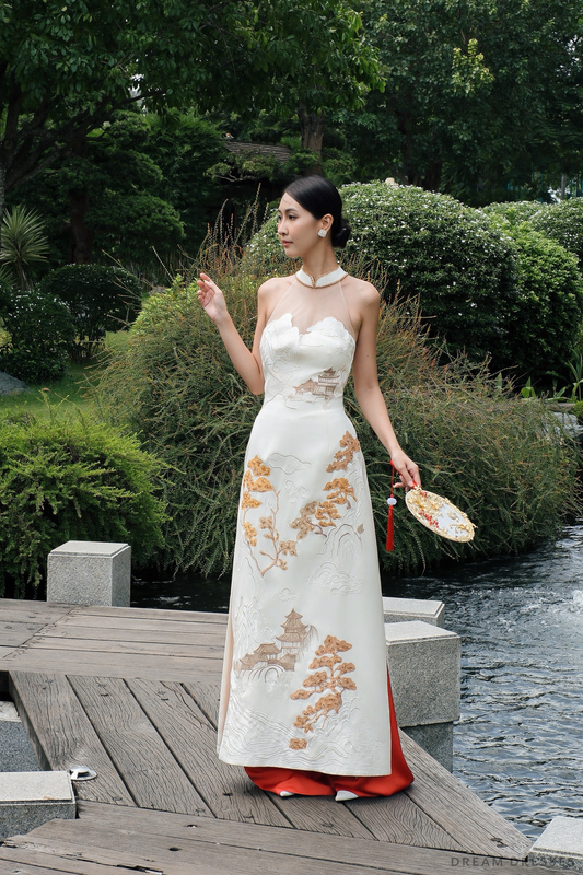 White Bridal Embroidery Ao Dai | Modern Vietnamese Bridal Dress (#YULAN) - Dream Dresses by P.M.N.