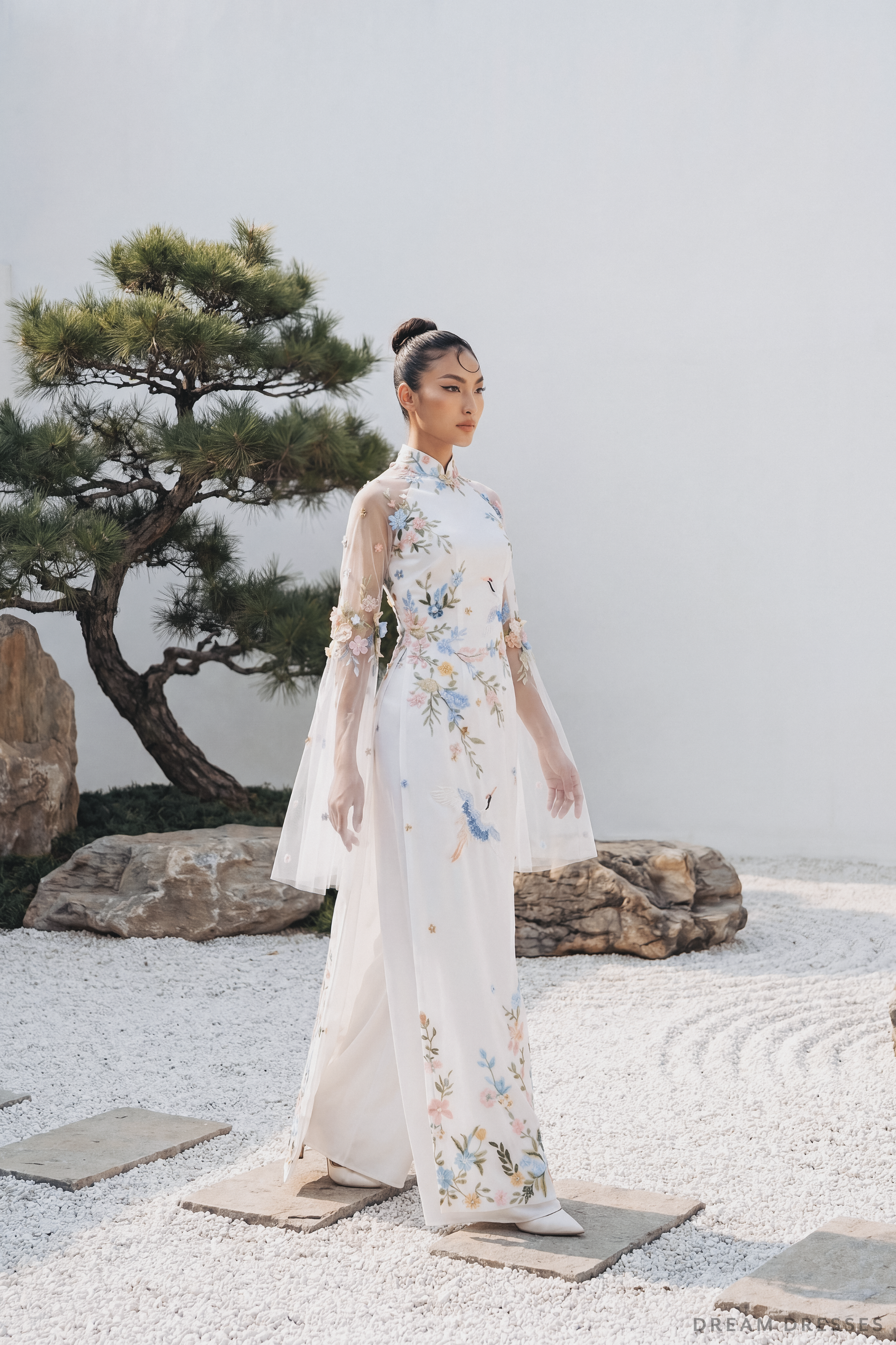 White Bridal Ao Dai with Colorful Embroidery (#XUAN) - Dream Dresses by P.M.N.