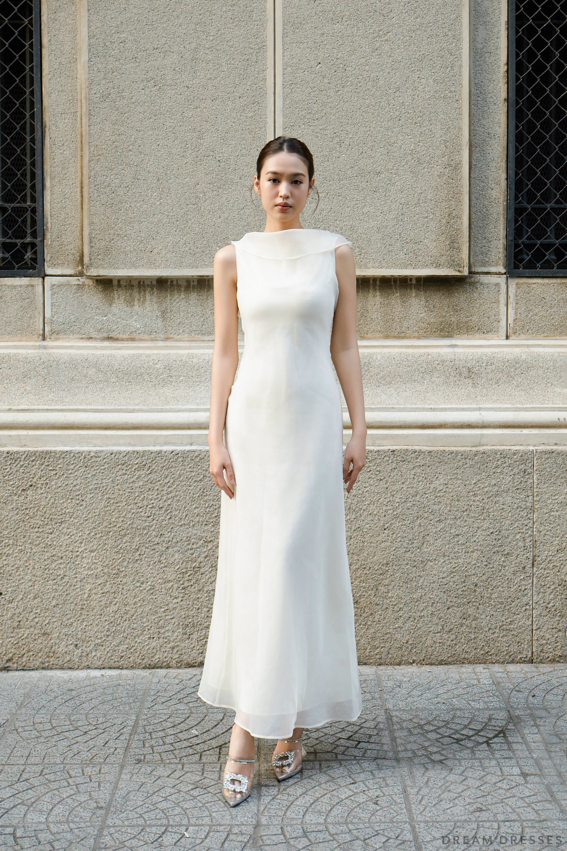 DreamDress By PMN Helena Minimalist Sheath Wedding Dress Gown Scarf Neck Sleeveless Organza