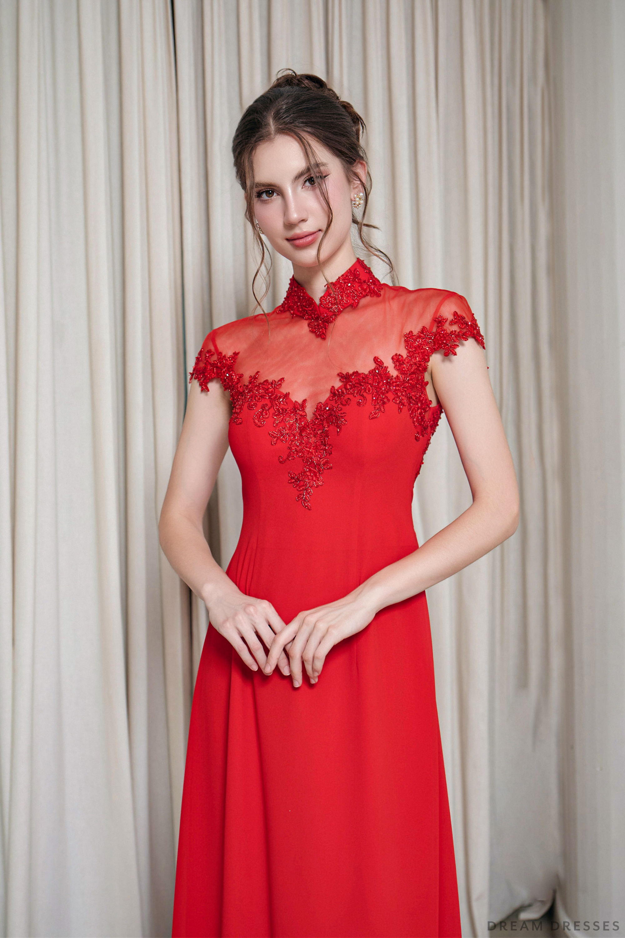 Red Bridal Ao Dai | Short Sleeves Vietnamese Bridal Dress (#ZOE)