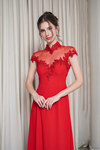 Red Bridal Ao Dai | Short Sleeves Vietnamese Bridal Dress (#ZOE) - Dream Dresses by P.M.N.
