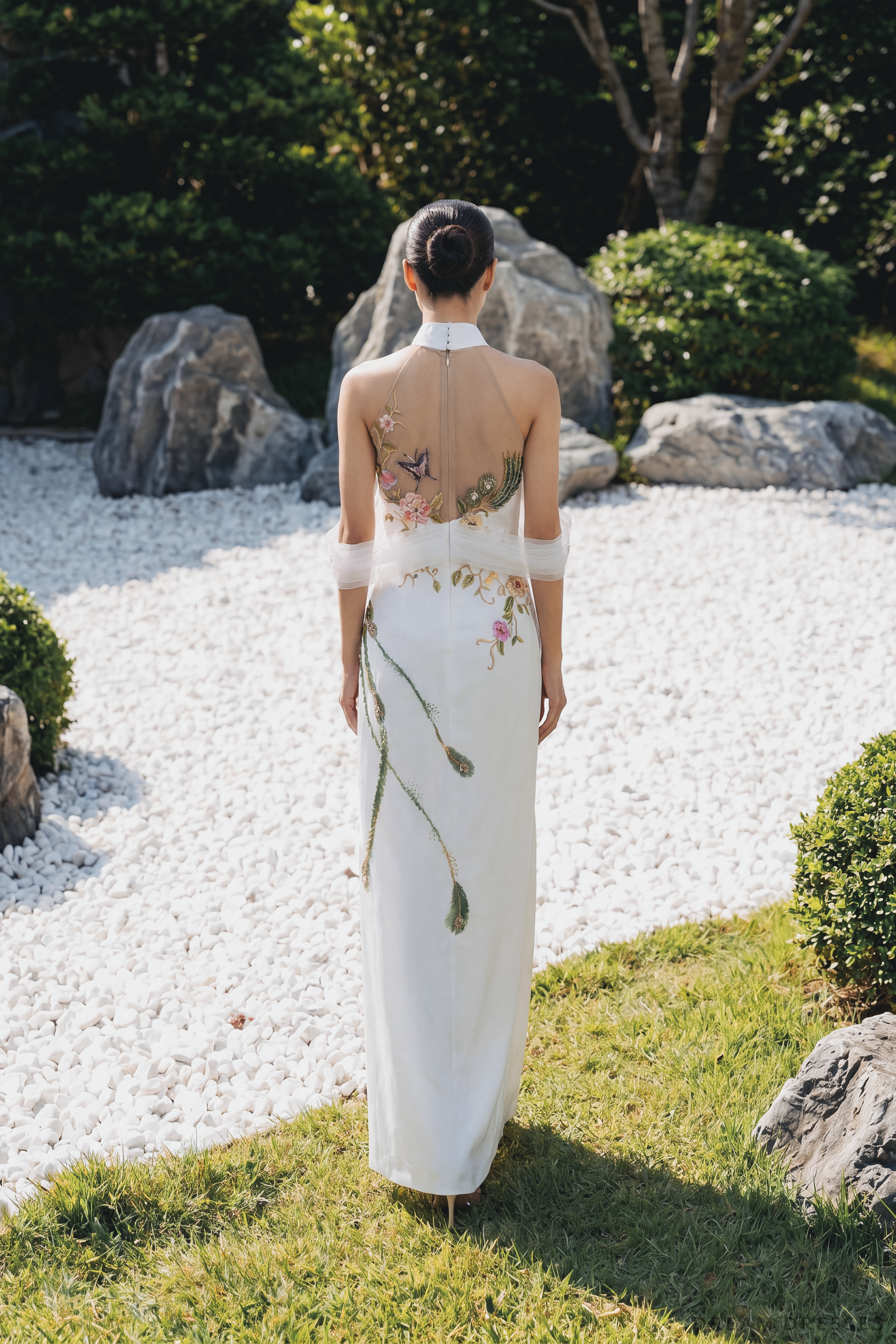 White Bridal Ao Dai with Peacock Embellishments | Modern Vietnamese Bridal Dress (#AILA)