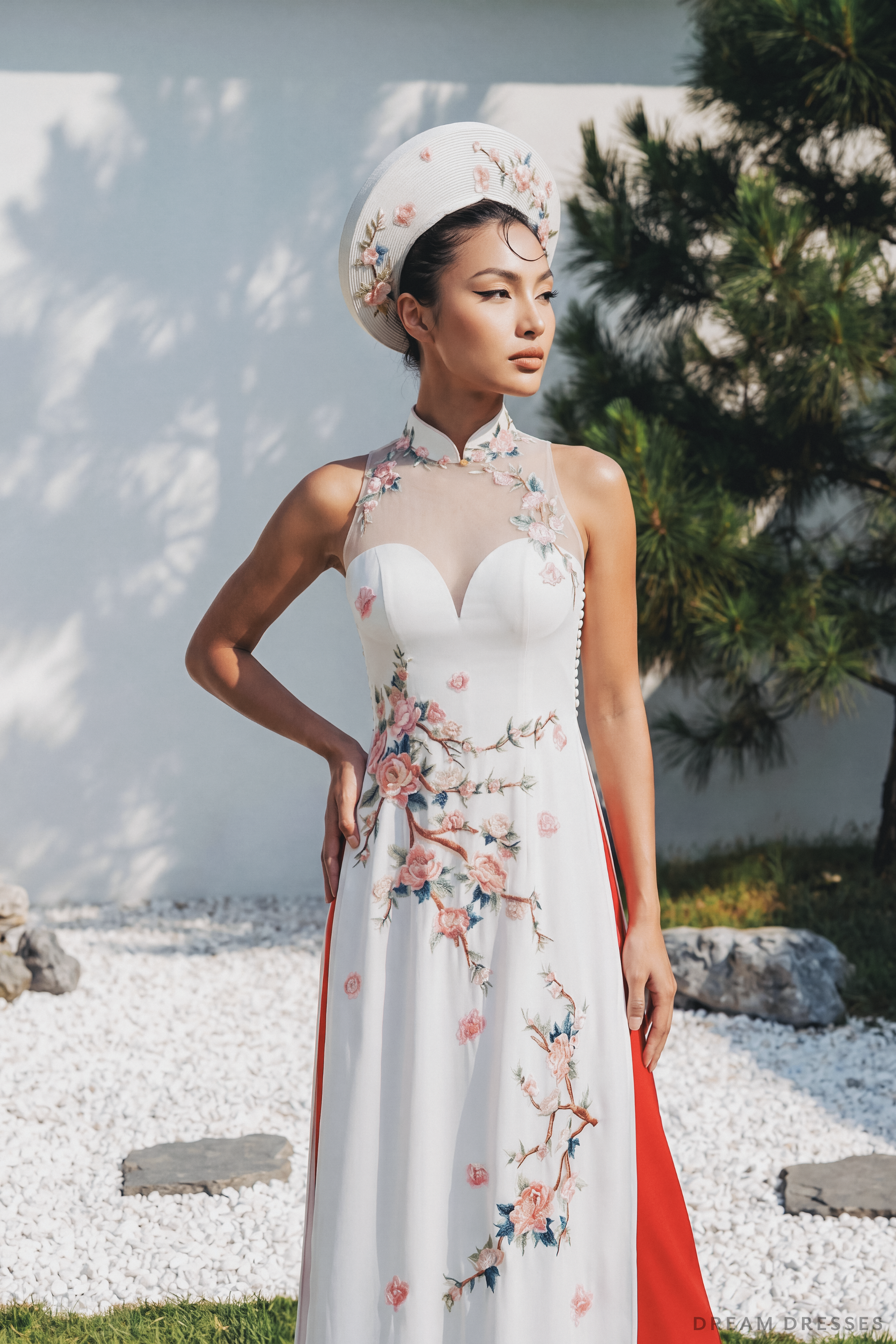 Cheongsam-Inspired Ao Dai | Ivory Silk Ao Dai with Embroidery (#YUE) - Dream Dresses by P.M.N.
