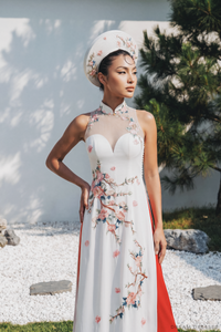 Cheongsam-Inspired Ao Dai | Ivory Silk Ao Dai with Embroidery (#YUE) - Dream Dresses by P.M.N.