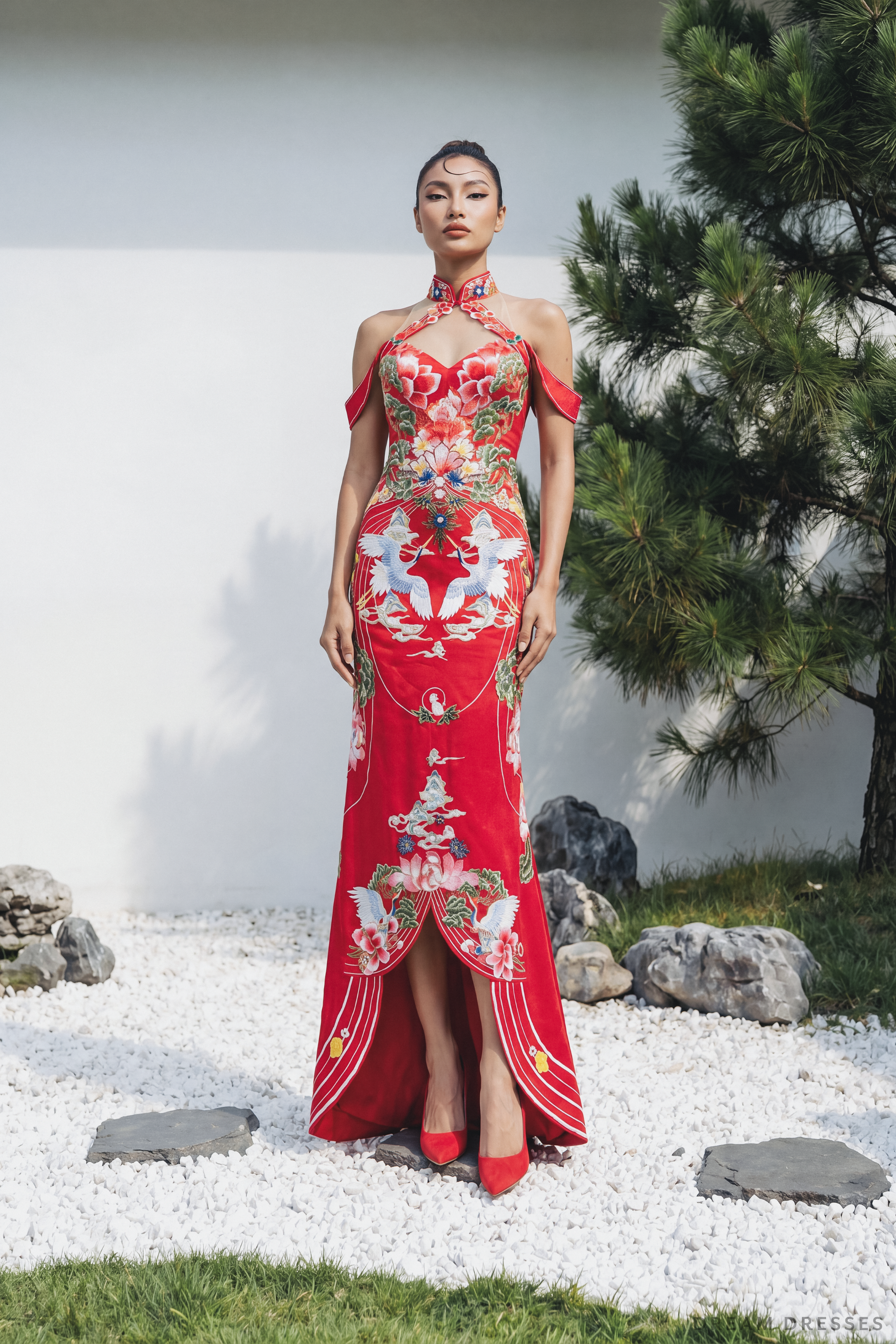 Red Modern Bridal Cheongsam Dress (#QIN) 12 / No Overskirt