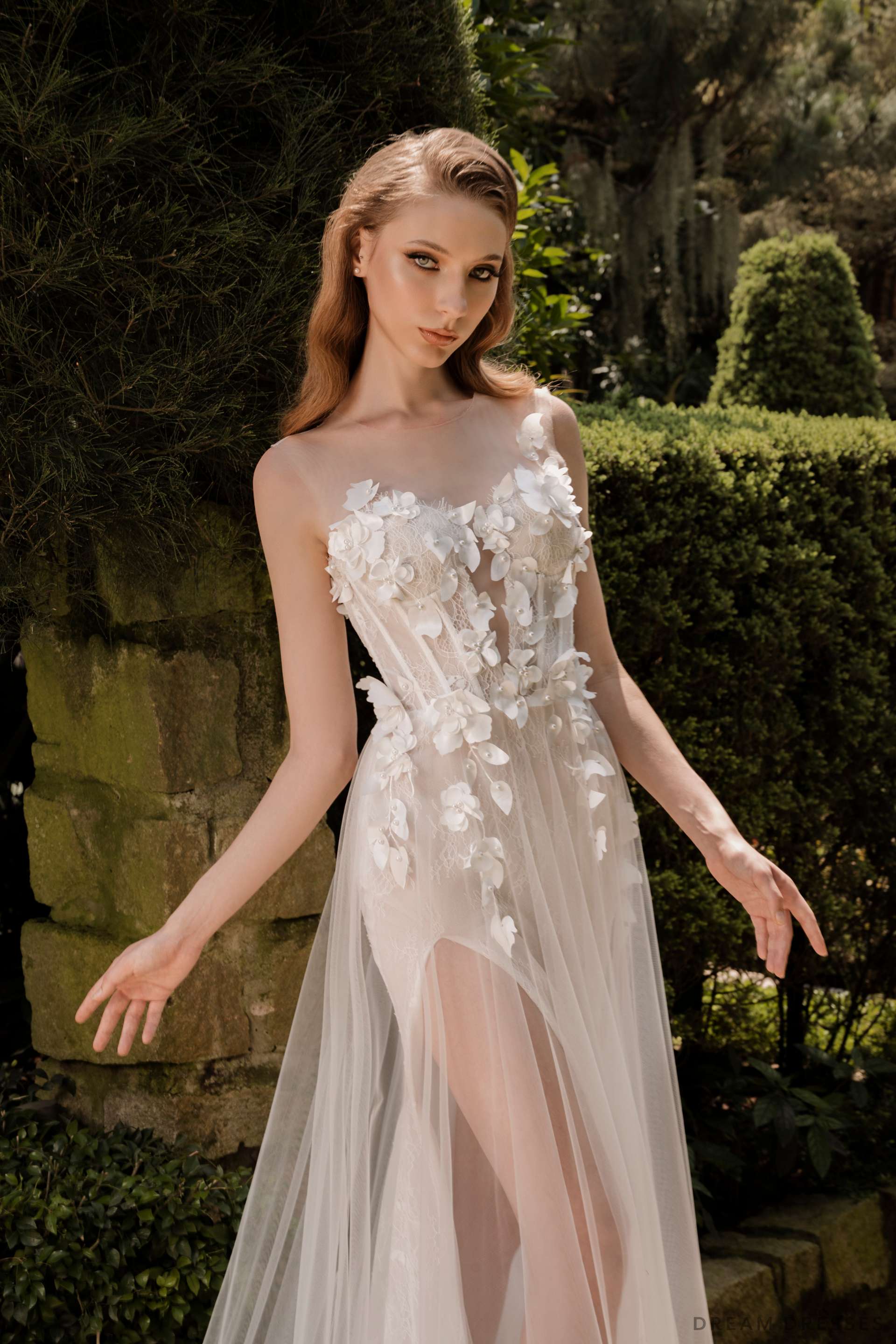 DreamDress By PMN Justyne Mermaid Wedding Dress Gown Illiusion Off Shoulder Open Back Slit Floral Couture Embellishments Chapel Train