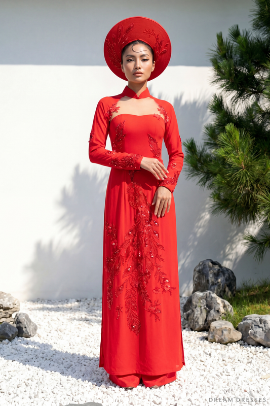 Red Bridal Ao Dai | Modern Vietnamese Bridal Dress (#AYLIN) - Dream Dresses by P.M.N.