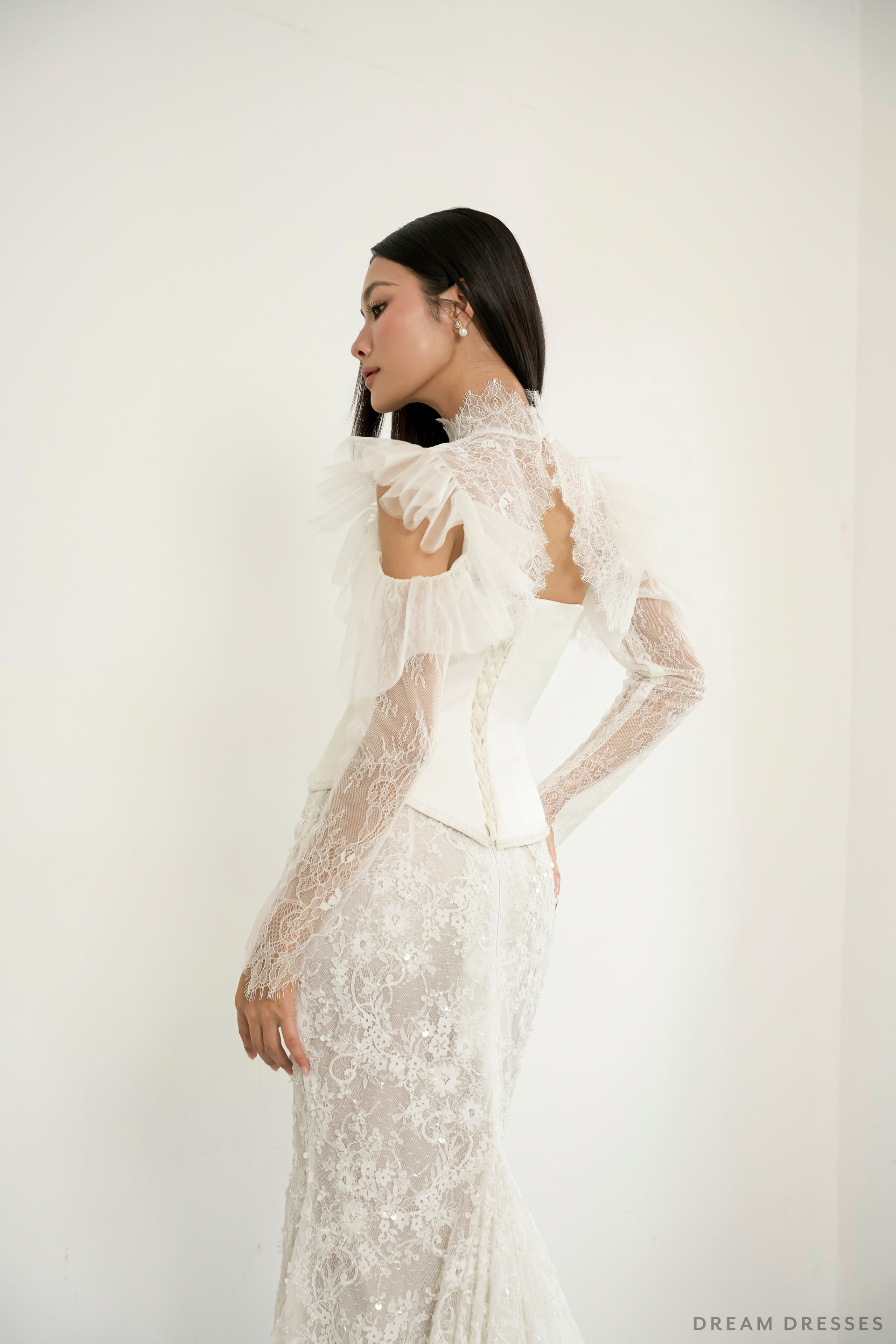 DreamDress By PMN Noir Wedding Cape High Collar Cut-Out Shoulders With Ruffle Chantilly French Lace Long Sleeves