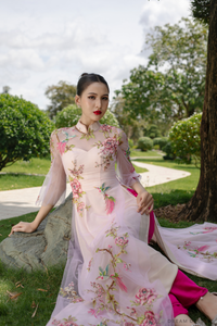 Pink Modern Bridal Ao Dai | Traditional Vietnamese Bridal Dress with Couture Lace (#THALIA) - Dream Dresses by P.M.N.