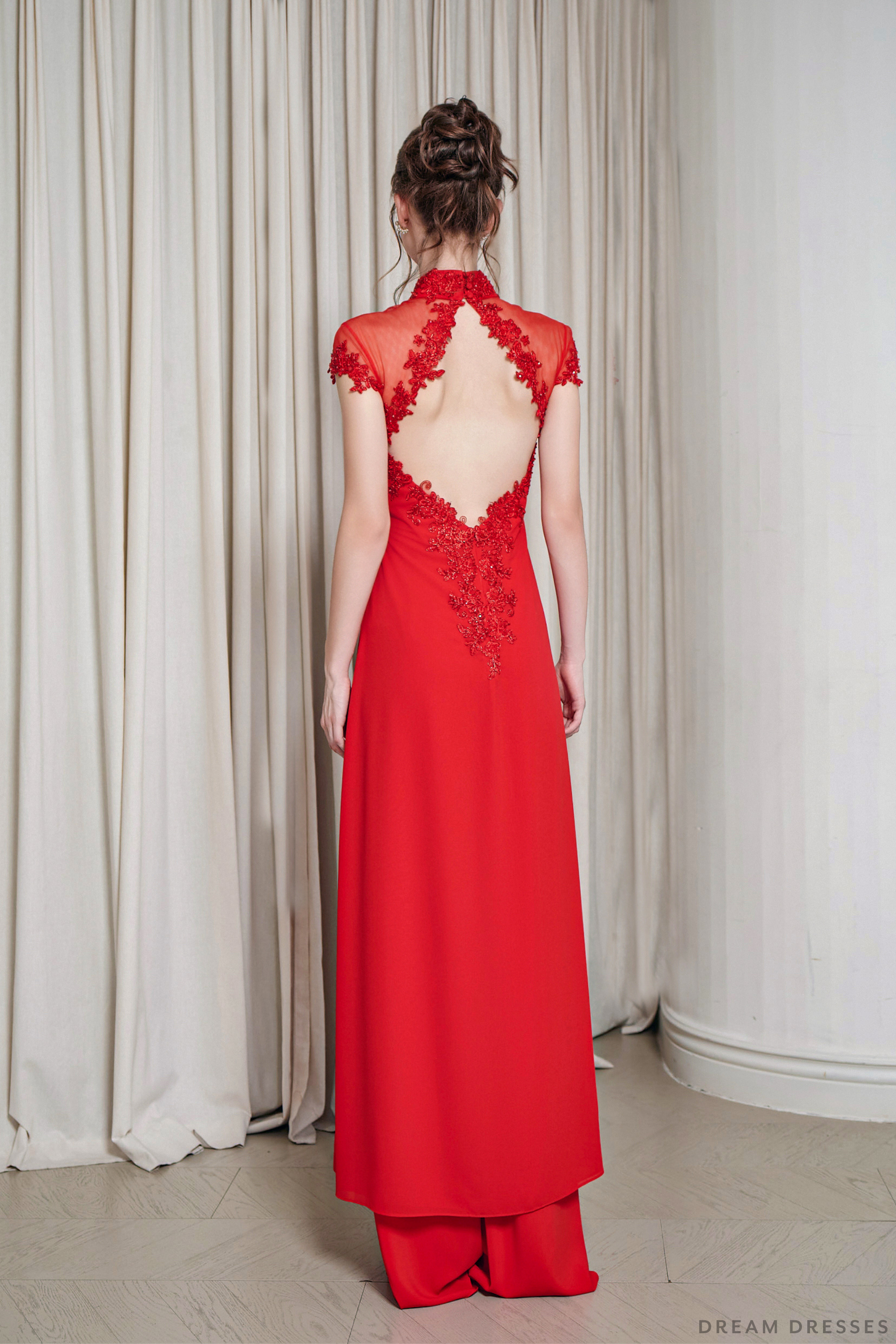 Red Bridal Ao Dai | Short Sleeves Vietnamese Bridal Dress (#ZOE)