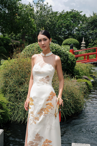White Bridal Embroidery Ao Dai | Modern Vietnamese Bridal Dress (#YULAN) - Dream Dresses by P.M.N.