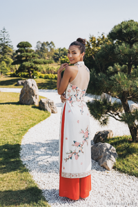Cheongsam-Inspired Ao Dai | Ivory Silk Ao Dai with Embroidery (#YUE) - Dream Dresses by P.M.N.