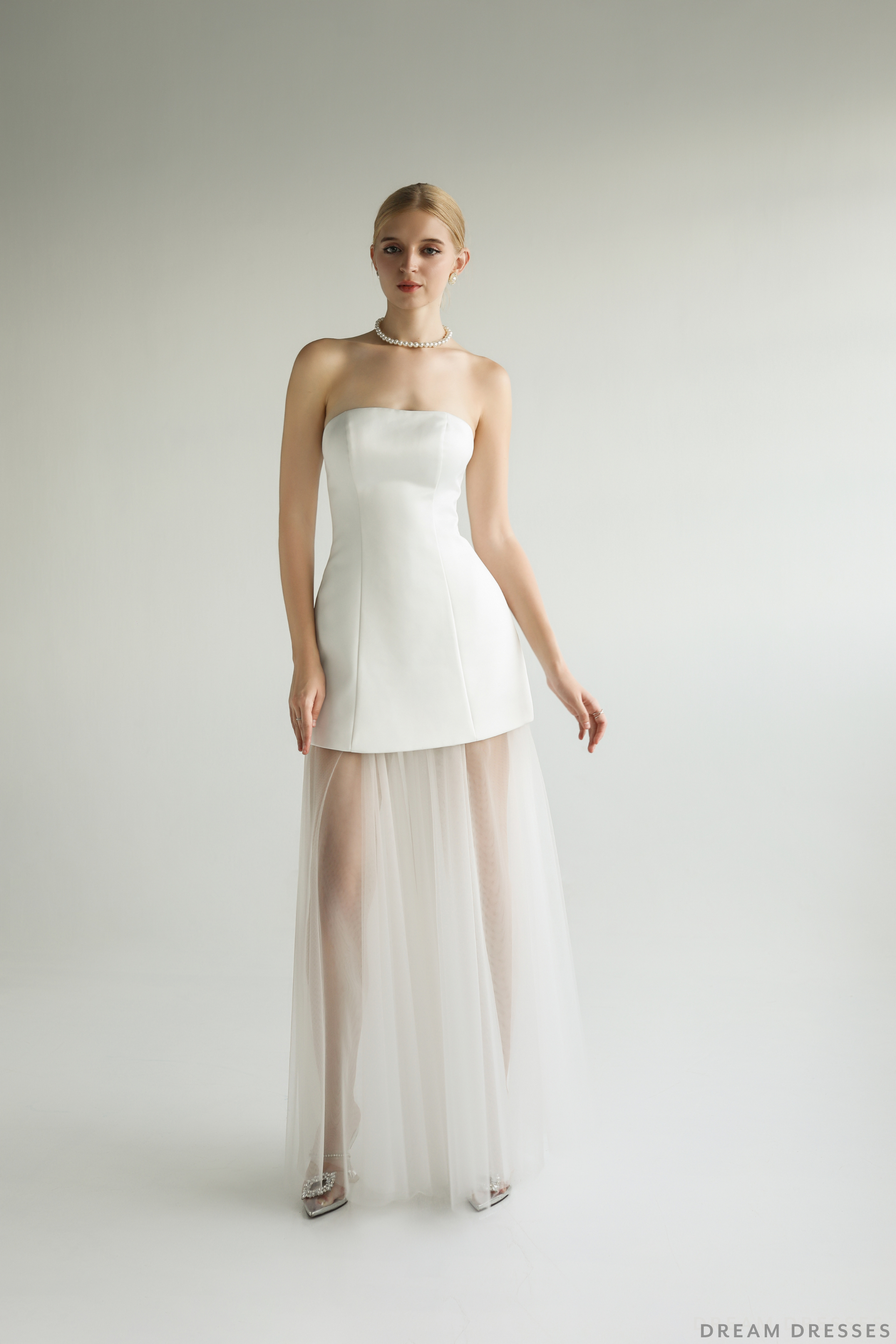DreamDress By PMN Floriane Bridesmaid Dress Strapless Sheer Tulle Layers Bottom Fully Lined Bodice Sleeveless